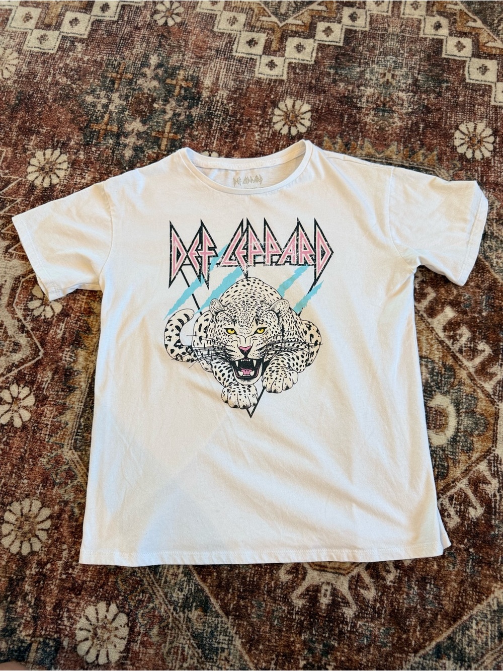 MAD Engine White Tee with Pink & Blue Def Leppard Graphic